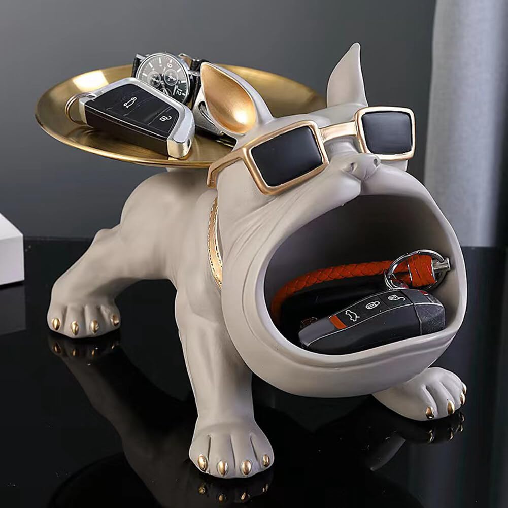 Estatuilla De Bulldog Con Bandeja Decorativa - Resina, Para Llaves, Joyas O Dulces, Atrae Riqueza