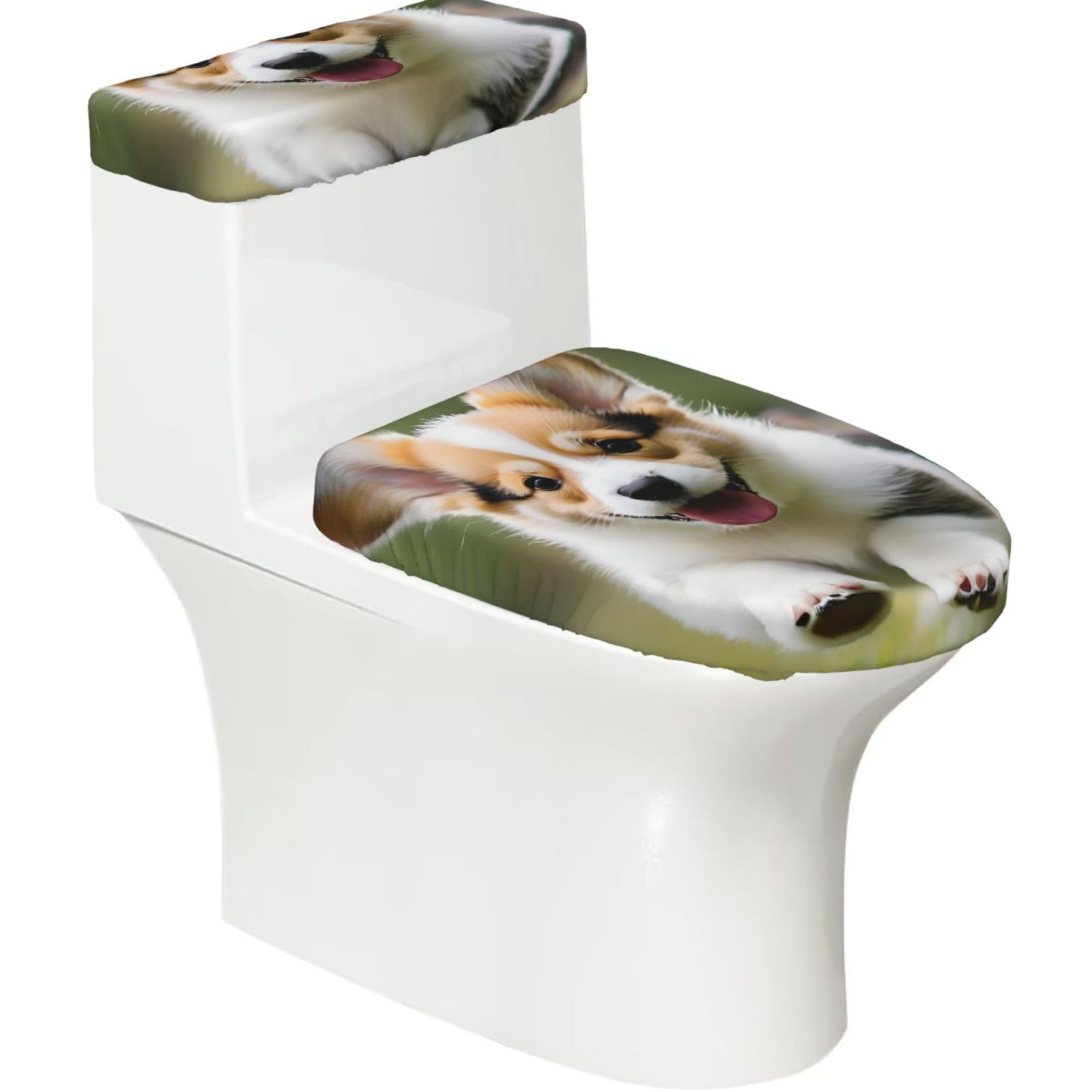 X Psblty Corgi Puppy Toilet Seat Cover Set 2 Piece Bathroom Decor Toilet Lid Cover With Tank Top Cover Stretch Fit Soft Fabric For Home 15-21 Inch