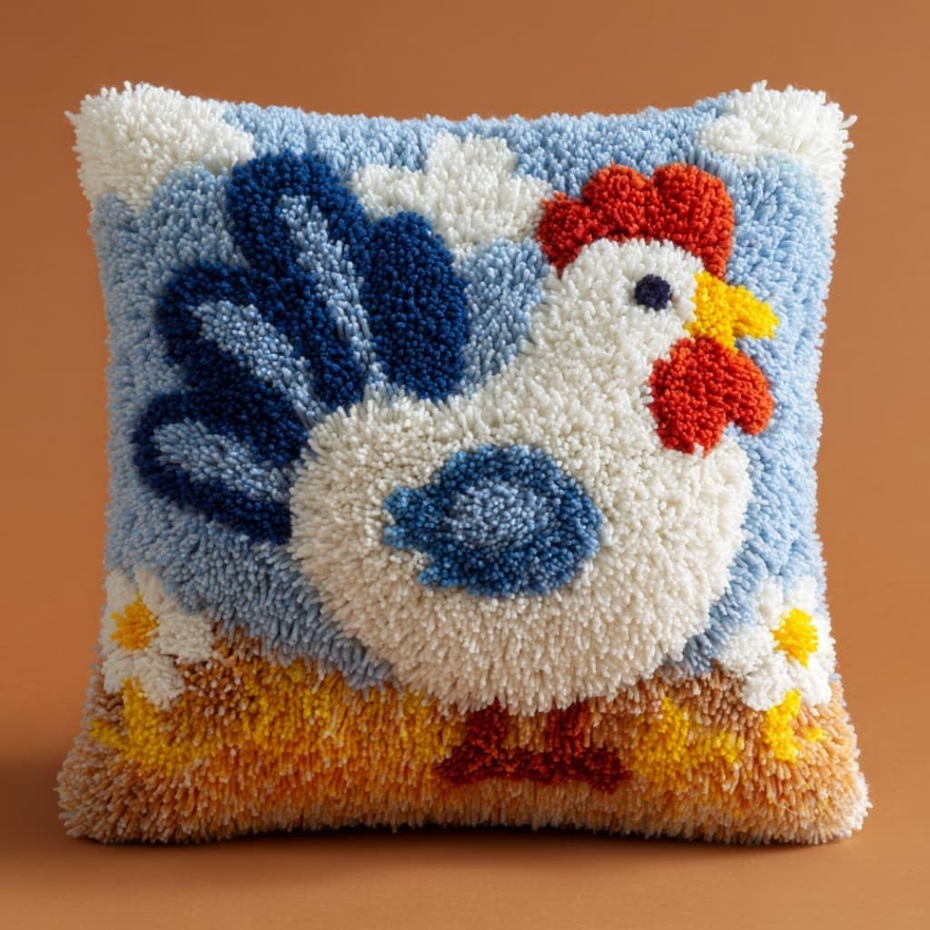 WallustrioaW Latch Hook Pillow Case Kits,Chicks 17X17 Inch Latch Hook Cushion Cover Kit,Knitting Kits Cushion for Adults Rug Making Kit for Starters