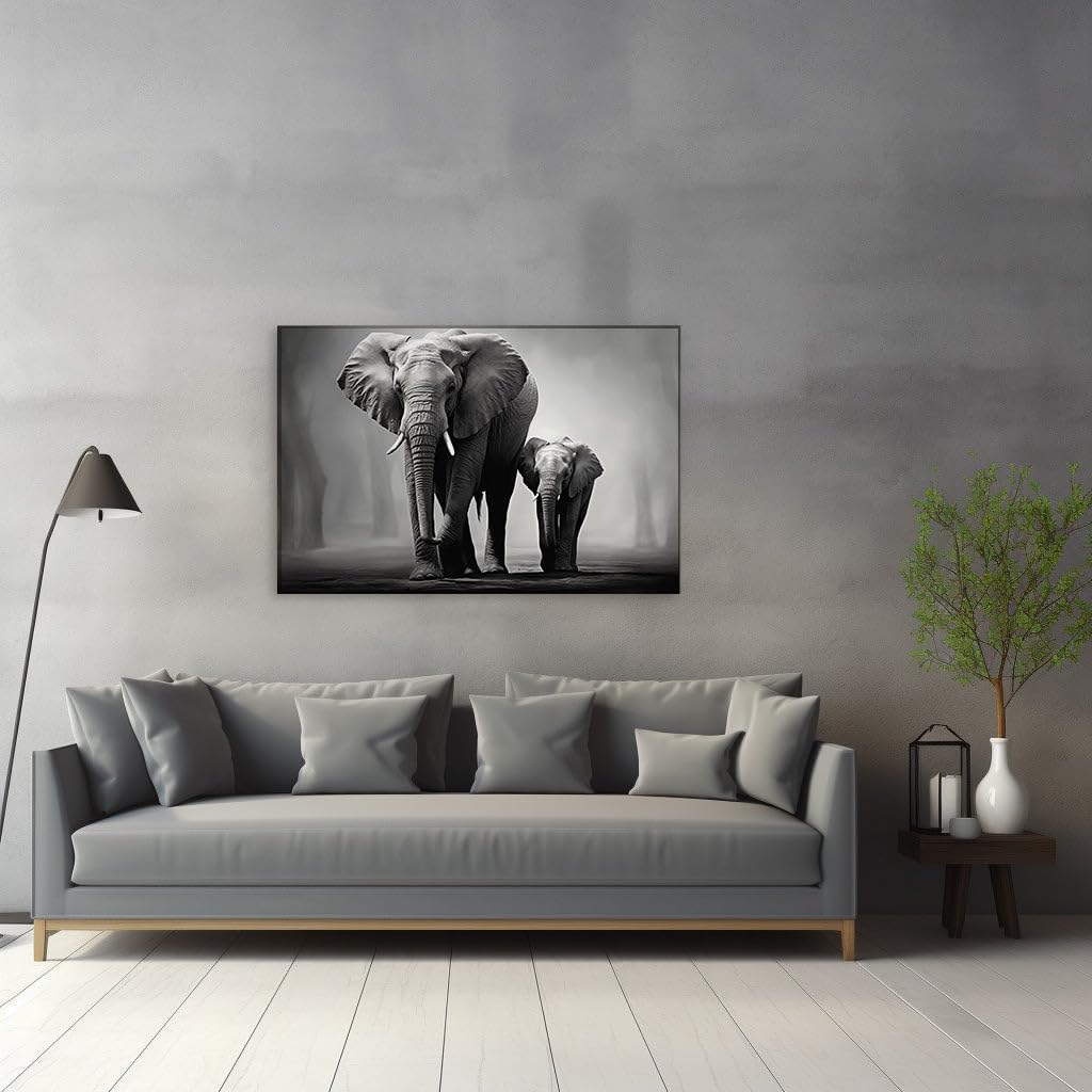 Canvas for Living Room. Gentle Giants in Monochrome A Mother Elephant and Her Calf Journey Together, 27 x 18 inch Canvas Wall Art - Ready to Hang