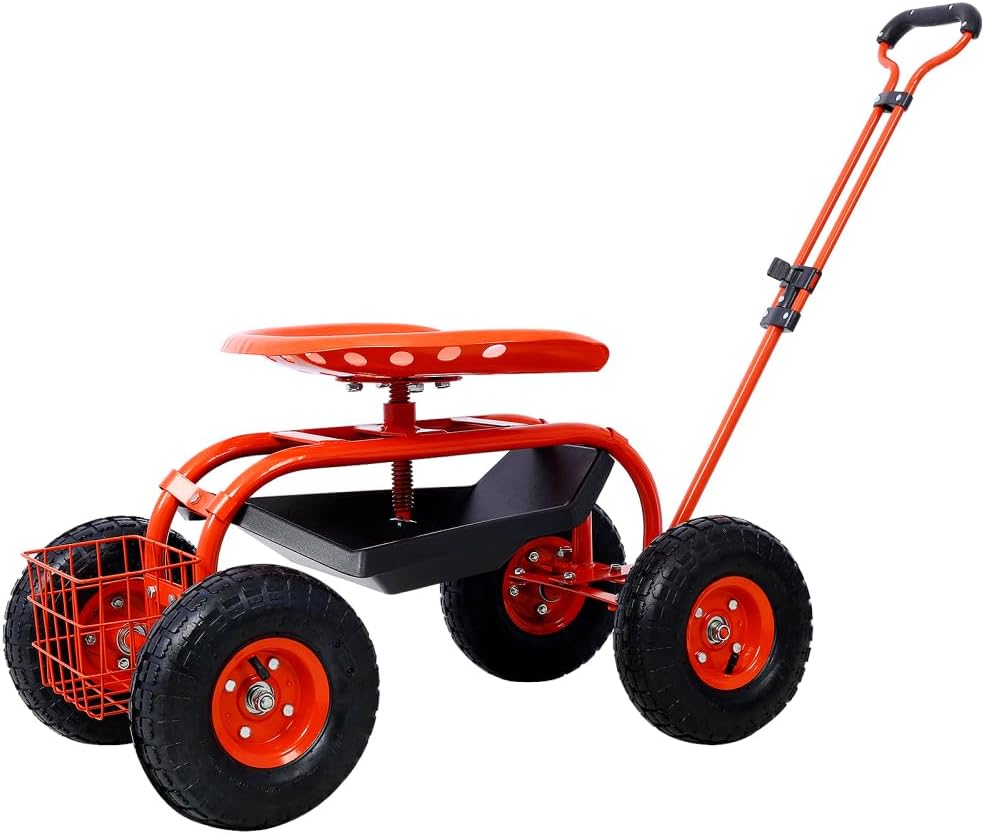 Ergonomic Rolling Garden Scooter with 360-Degree Swivel Seat, Built-in Tool Tray, and All-Terrain Wheels for Outdoor Use (Red + Steel)