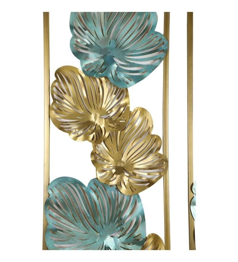 Image of SHREE 'O' GREEN TECH Metal Multicolor Big Leaves Metal Wall Art Room Decor Aesthetic, Set of 3 Golden Frame Wall Sculptures, Wall Decor for Living Room, Bathroom Bedroom or Kitchen Decor