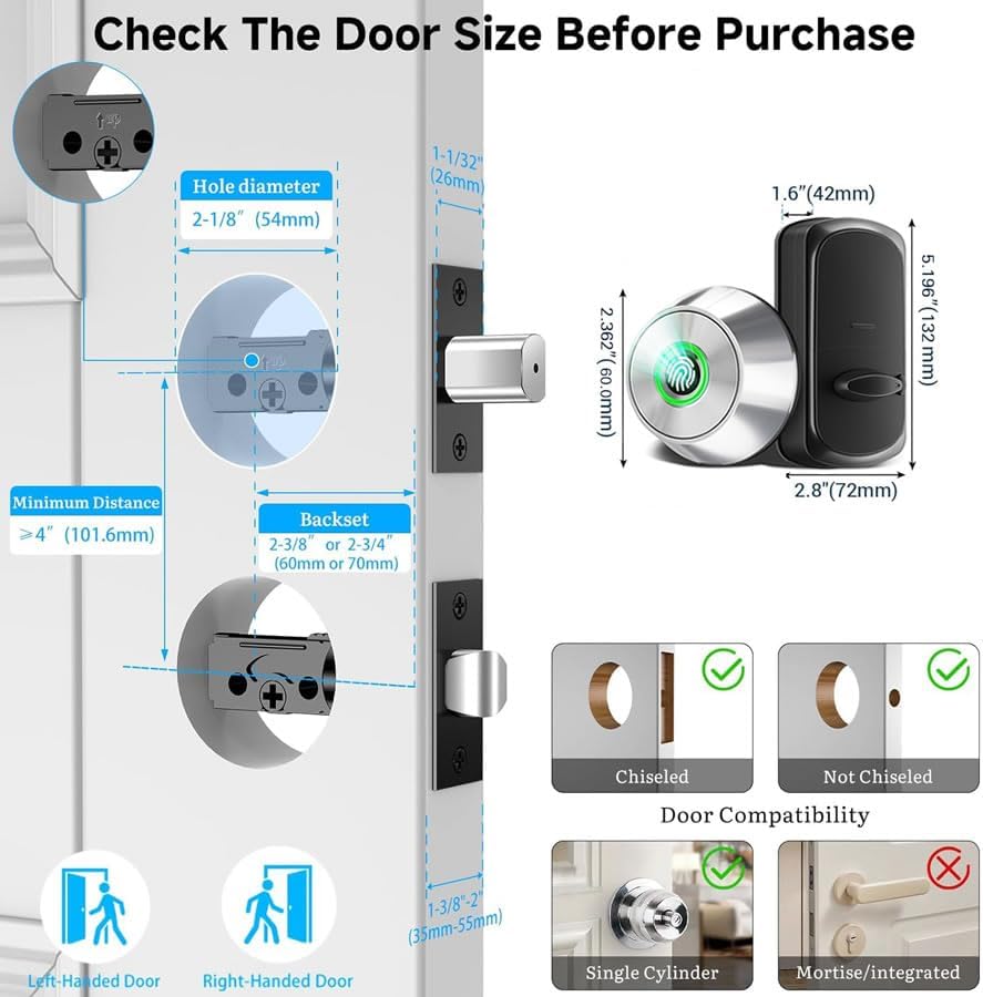 Miniatura 5 de Cerradura de puerta de entrada sin llave de huellas dactilares, cerrojo inteligente con control de aplicación, duración de la batería de 10 meses,
