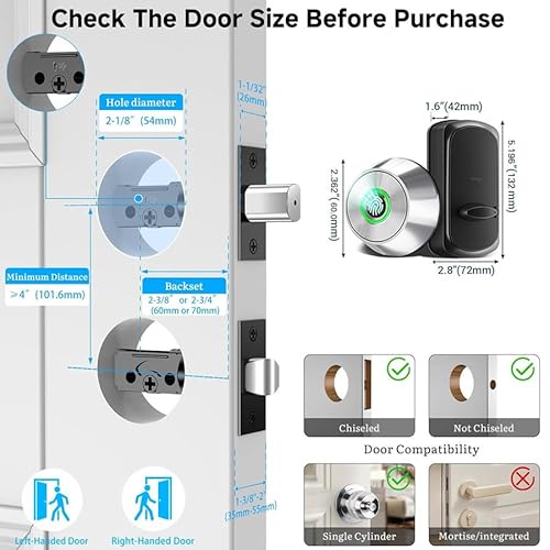 Fingerprint Keyless Entry Door Lock – Smart Deadbolt with App Control, 10-Month Battery Life, Easy Installation, Deadbolt Alternative, IP66 Waterproof, Includes 2 Backup Keys thumbnail 5