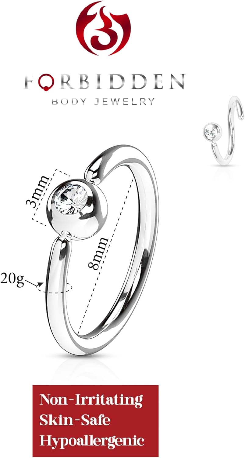 Forbidden Body Jewelry 18-20g Surgical Steel Easy-Use One Side Fixed Gemmed Ball Nose & Cartilage Hoop (6-10mm Diameter) - Image 2