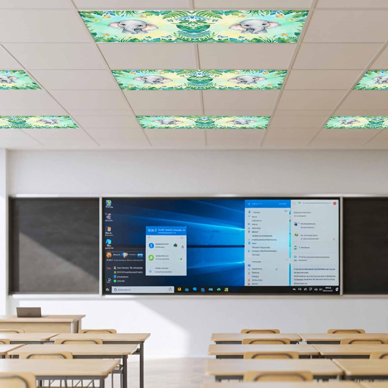 Cartoon Elephant Fluorescent Light Covers for Ceiling Lights 4x2 feet,4 Pack Magnetic Light Filters for Classroom,Summer Butterfly Fern Tropical Palm Plants Fluorescent Lamp Shade Panel for Office