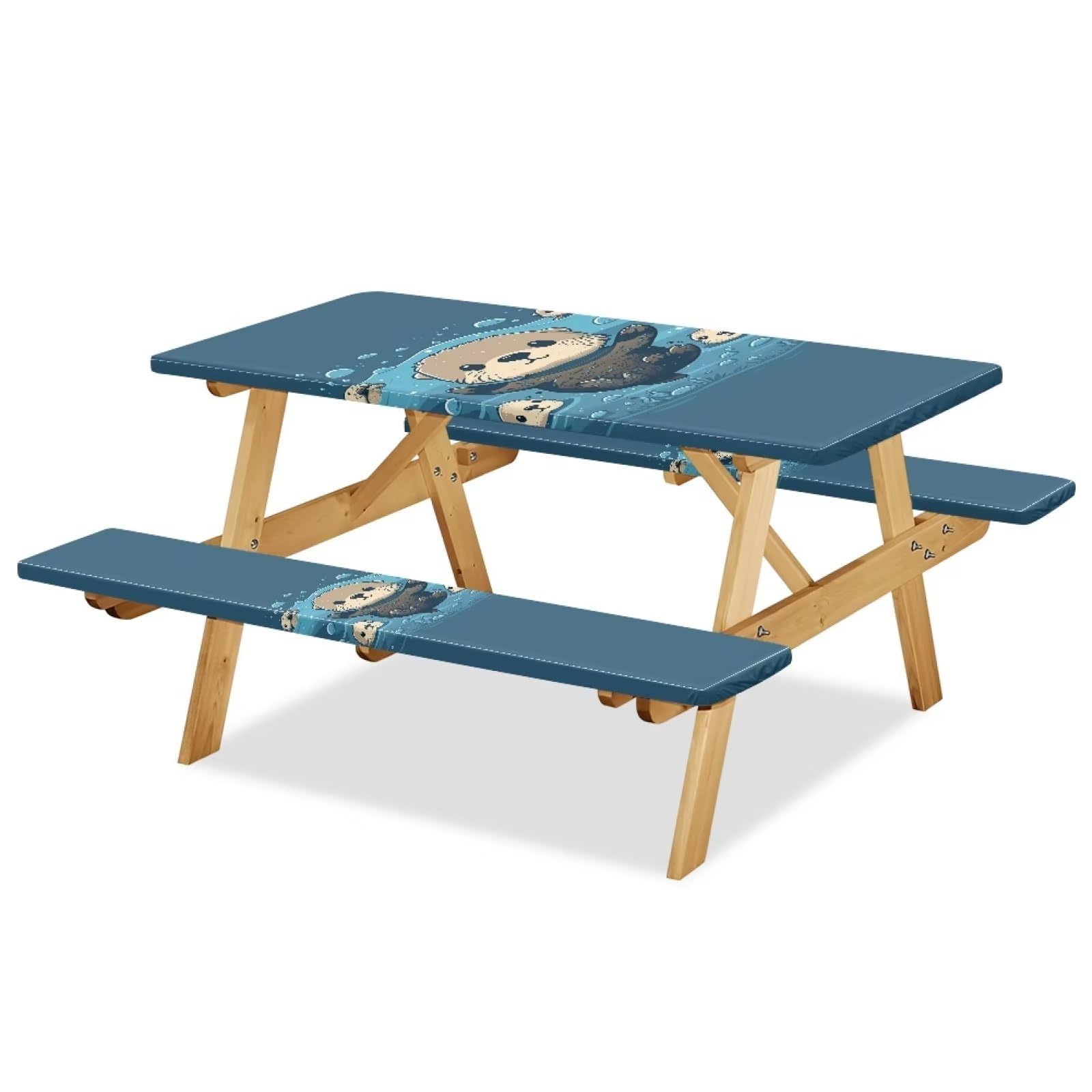 Zanxiantu Sea Otter Picnic Tablecloth with Bench Covers 3-Piece Set Waterproof Camping Table Cover with Seat Covers for Rectangle Tables 94 Inches