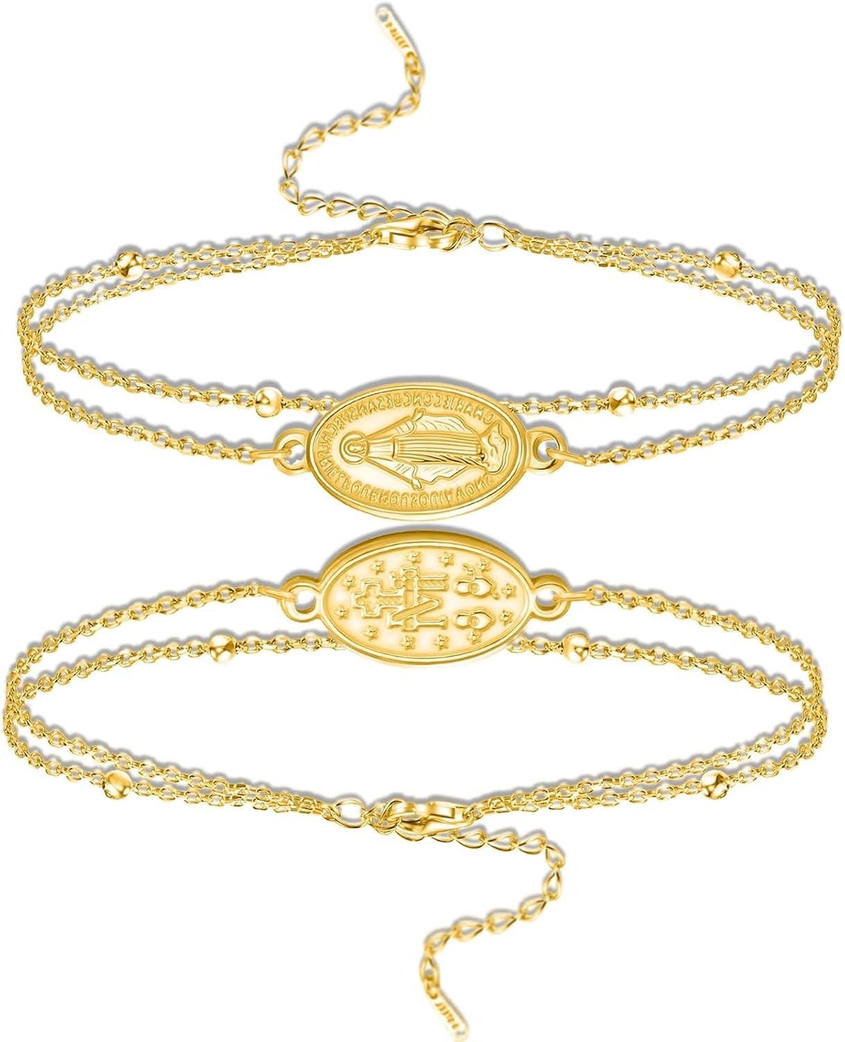 Wuufake Dispositivo portátil: pulsera doble cara con medalla de la Virgen de Guadalupe para hombre, cordón trenzado artesanal, joyería católica cristiana religiosa arte, Gold 2