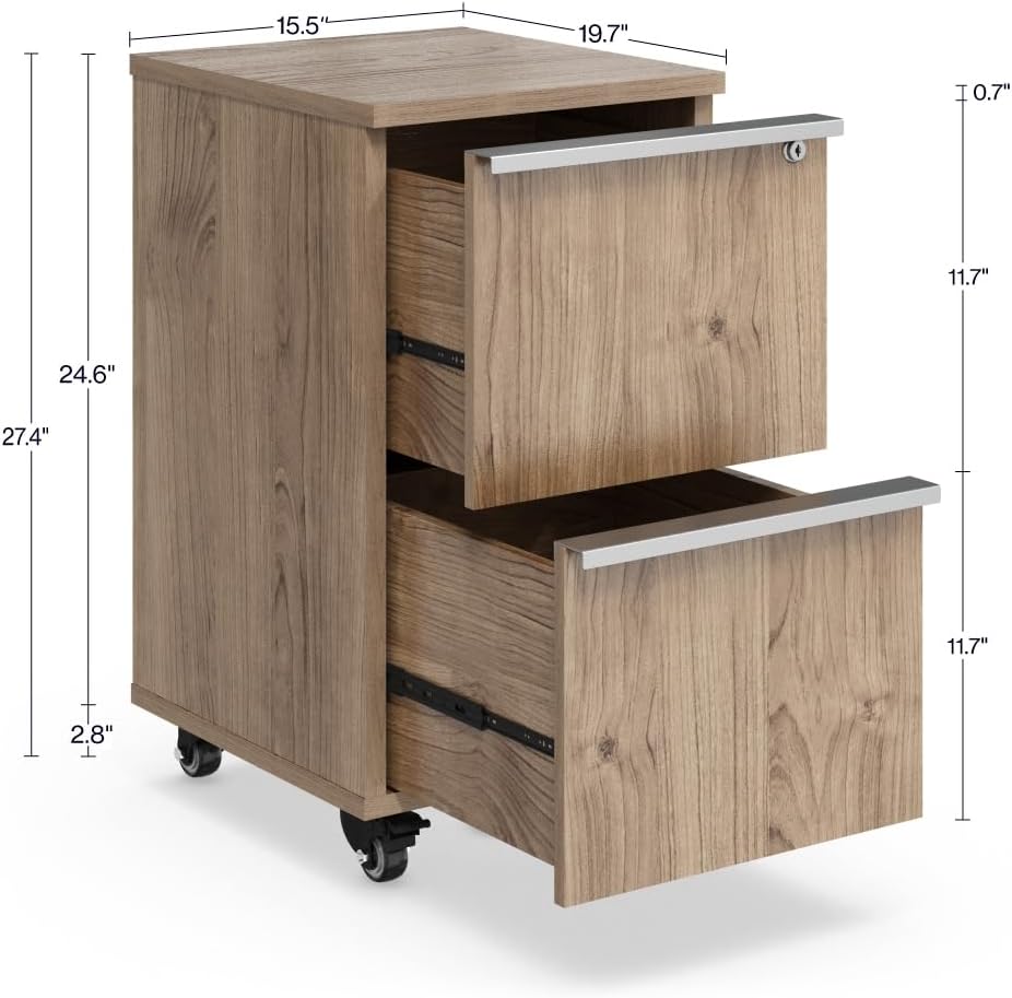 NBF District Two-Drawer Mobile Storage Pedestal with Locking File Drawers – Mobile File Cabinet with Brushed Nickel Pulls - Pedestal Office Filing Cabinet with Wheels (Stormy Gray)