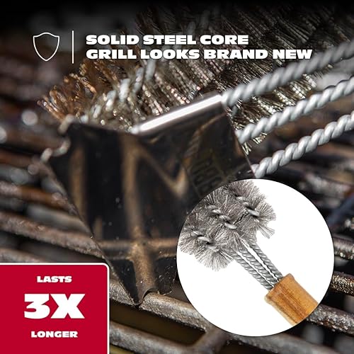 Vista 5 de BBQ-AID Cepillo para barbacoa All Angles para parrilla al aire libre – Limpia todos los ángulos, mango de madera grande y cerdas de acero inoxidable