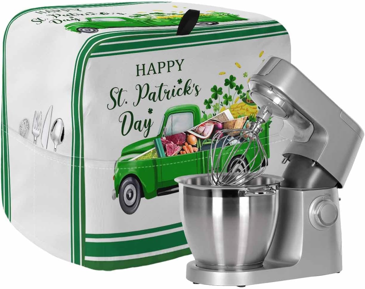 Happy St. Patrick's Day Stand Mixer Cover with Storage Pocket, Waterproof Kitchen Mixer Covers, Spring Lucky Green Truck Grass Kitchen Appliance Dust Cover Compatible with 6-9 Quart Mixers