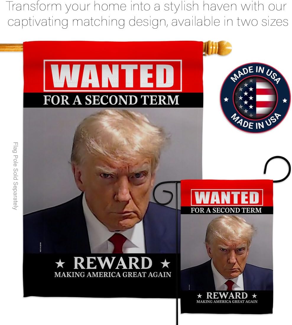 Trump Mugshot Flag Decor Wanted For A Second Term Reward Poster Making America Great Again 2024 Banner Room Wall Hanging House Flag Outdoor MAGA Decorations Tapestry Mug Shot Gifts For Him Made In USA