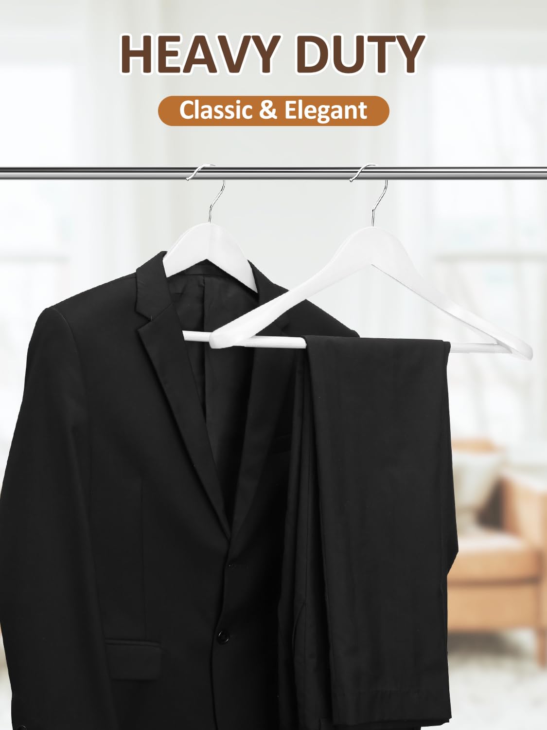 AMKUFO Perchas de madera de hombro ancho, paquete de 8 perchas con barra antideslizante para pantalones, perchas de madera resistentes con acabado suave, gancho giratorio de 360° para suéter, chamarra