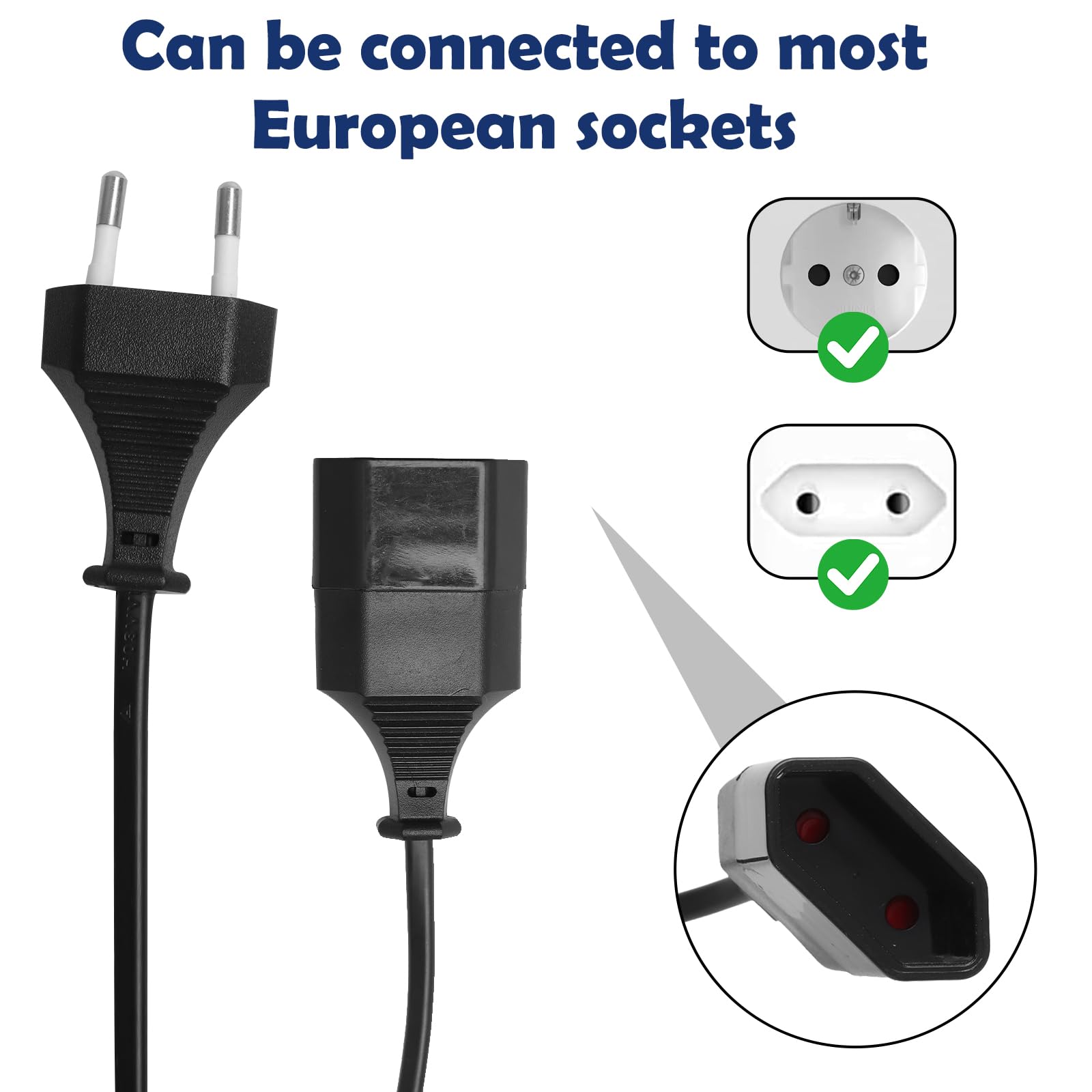 Kabel spiralny przedłużacz, 3 m, 2-żyłowy, wtyczka europejska, płaska wtyczka, do telewizora, konsoli do gier, urządzeń domowych, biura, na zewnątrz, czarny