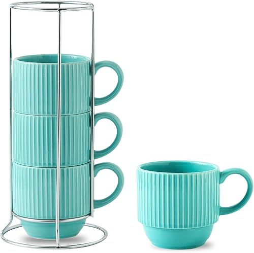 Vista 108 de Hasense Juego de 4 tazas de café de cerámica con soporte, 15 onzas, apilables, grandes, de porcelana, acanaladas, para capuchino, té, cacao