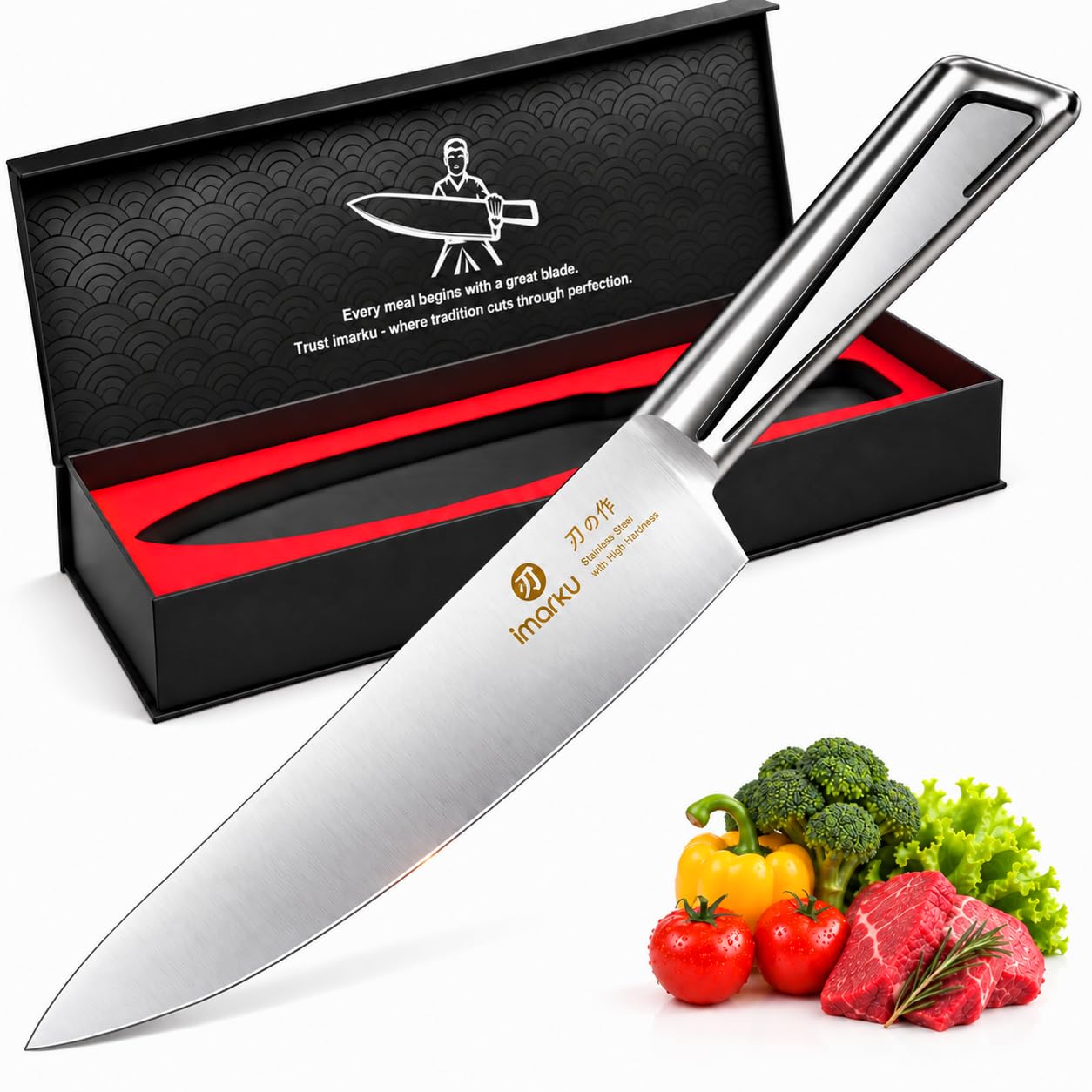 imarku Chef Knife 8 Inch, Sharp Japanese Knife with One-Piece Steel Handle