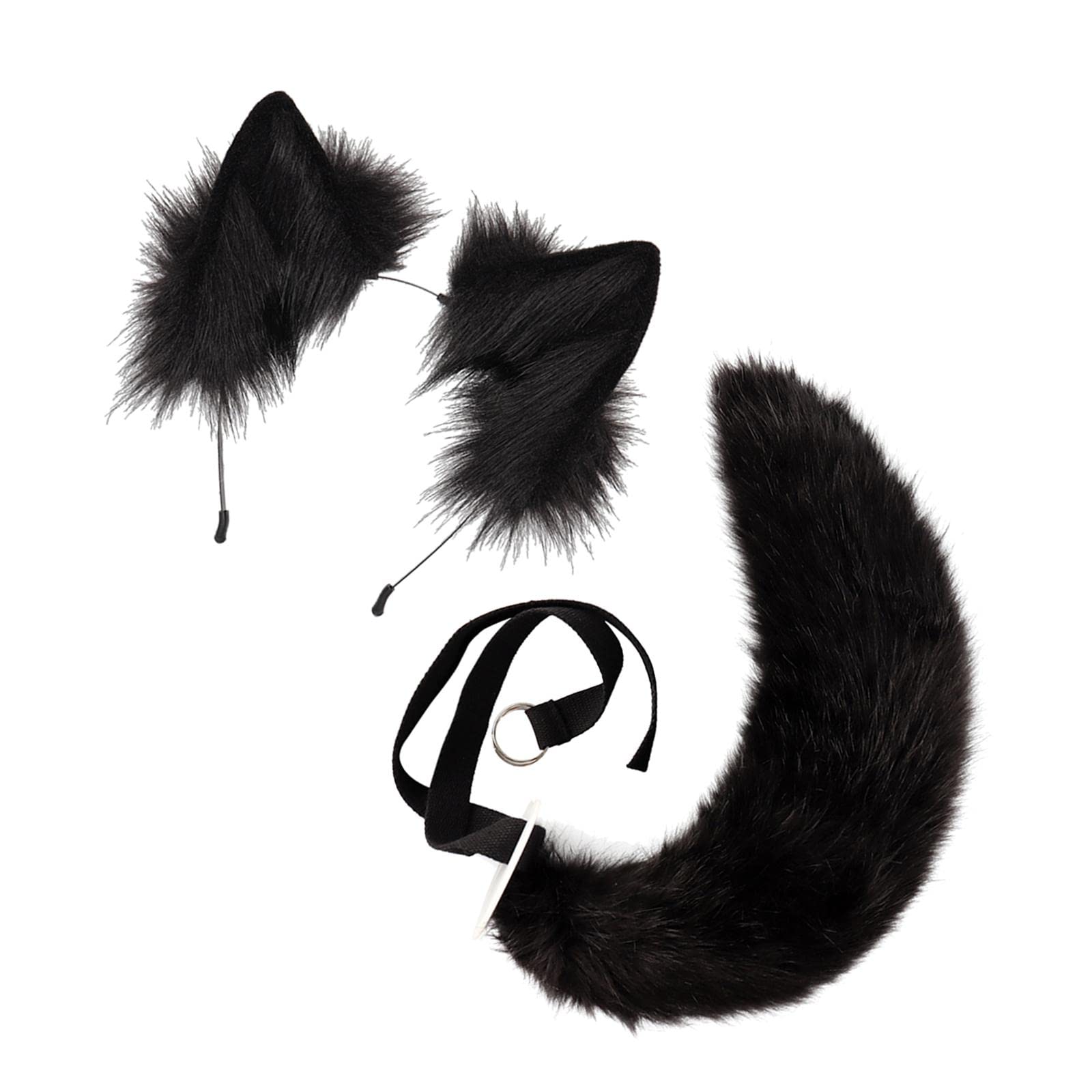 Cola de Gato de Peluche con Orejas Y Clip, Diadema de Orejas de Peluche, Conjunto de Cola para Accesorios de Disfraces de Fiesta de Halloween, Negro, Individual