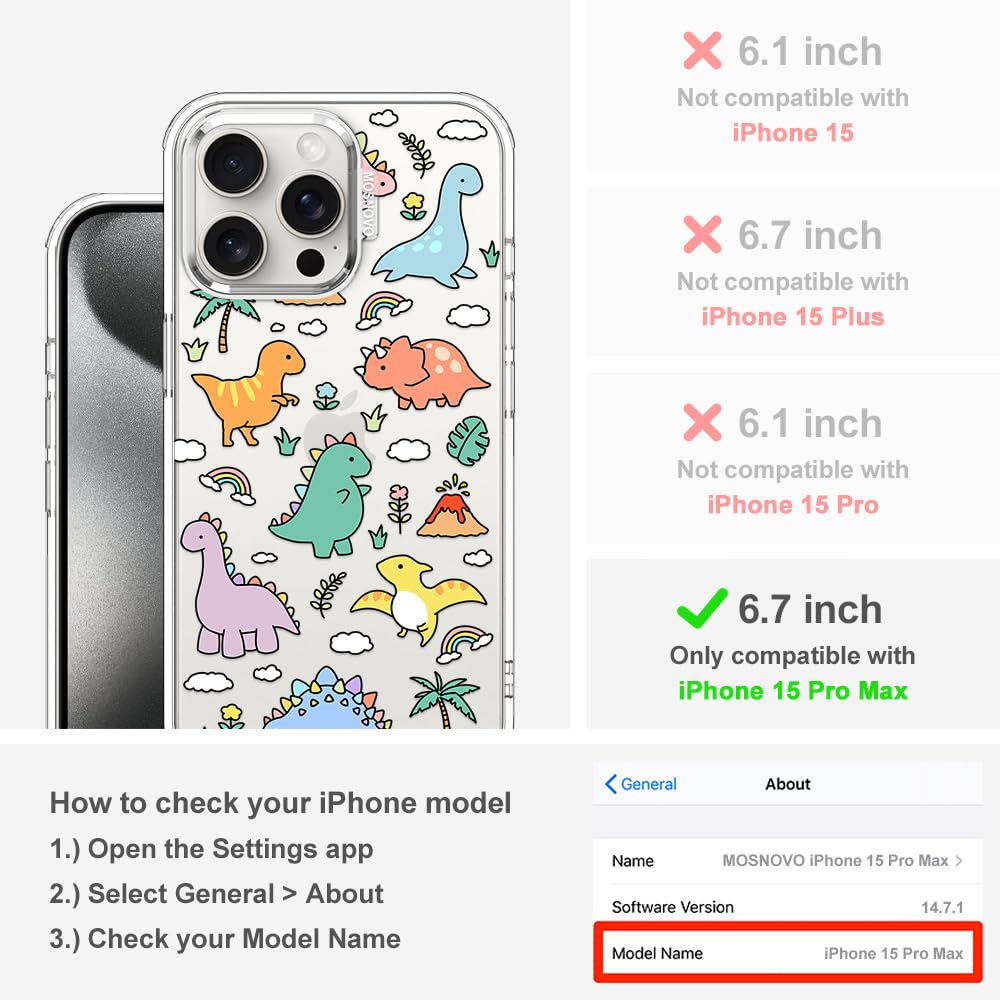 MOSNOVO Case for iPhone 15 Pro Max, [Buffertech 6.6ft Military-Grade Drop Protection] [Anti Peel Off Tech] Clear TPU Bumper Phone Case Cover Design - Dinosaur Land - 2