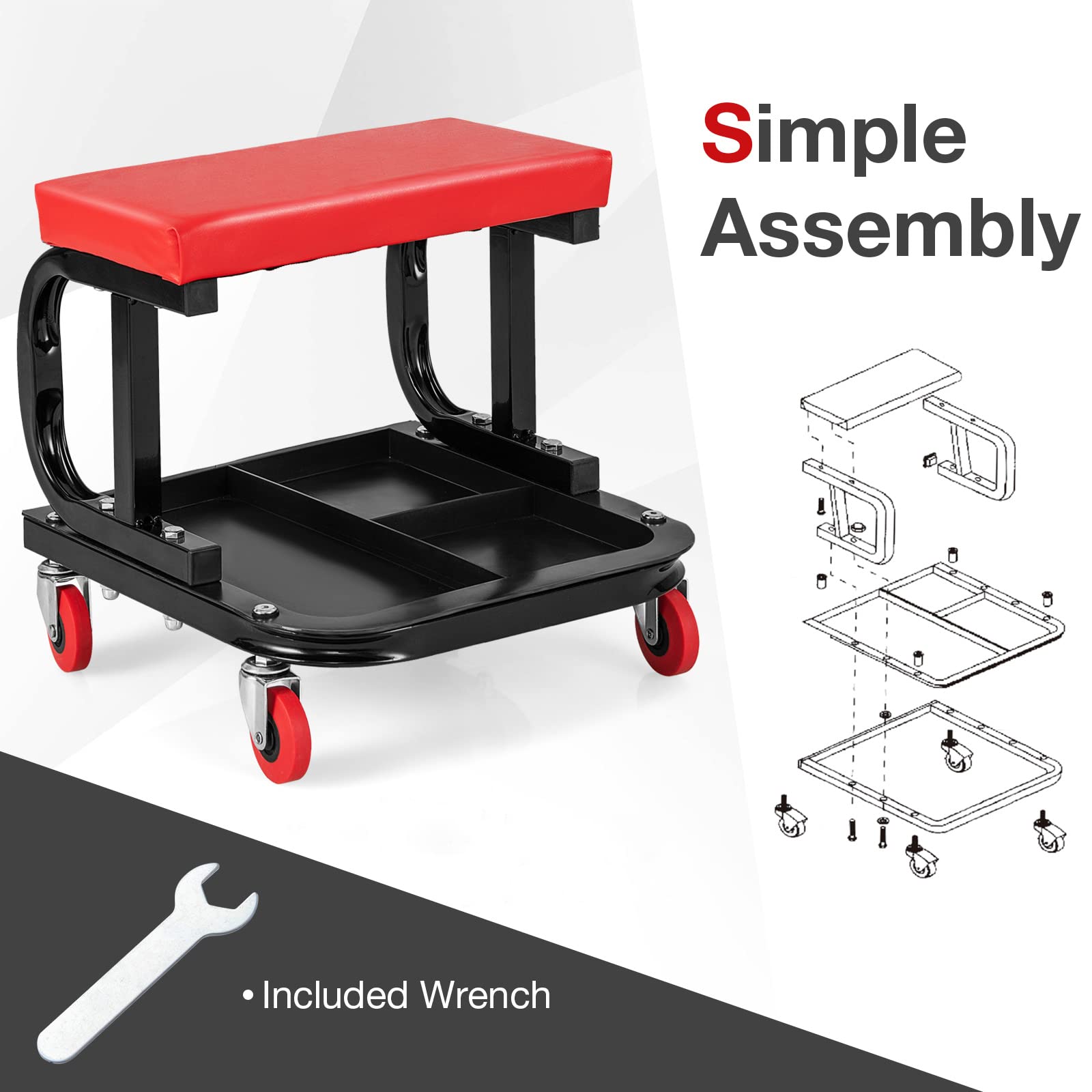 Taboret dla mechaników z poduszką, 4 kółka, taca na narzędzia, nośność 150 kg, wytrzymały, idealny do garażu i warsztatu, stabilne siedzisko na narzędzia i sprzęt