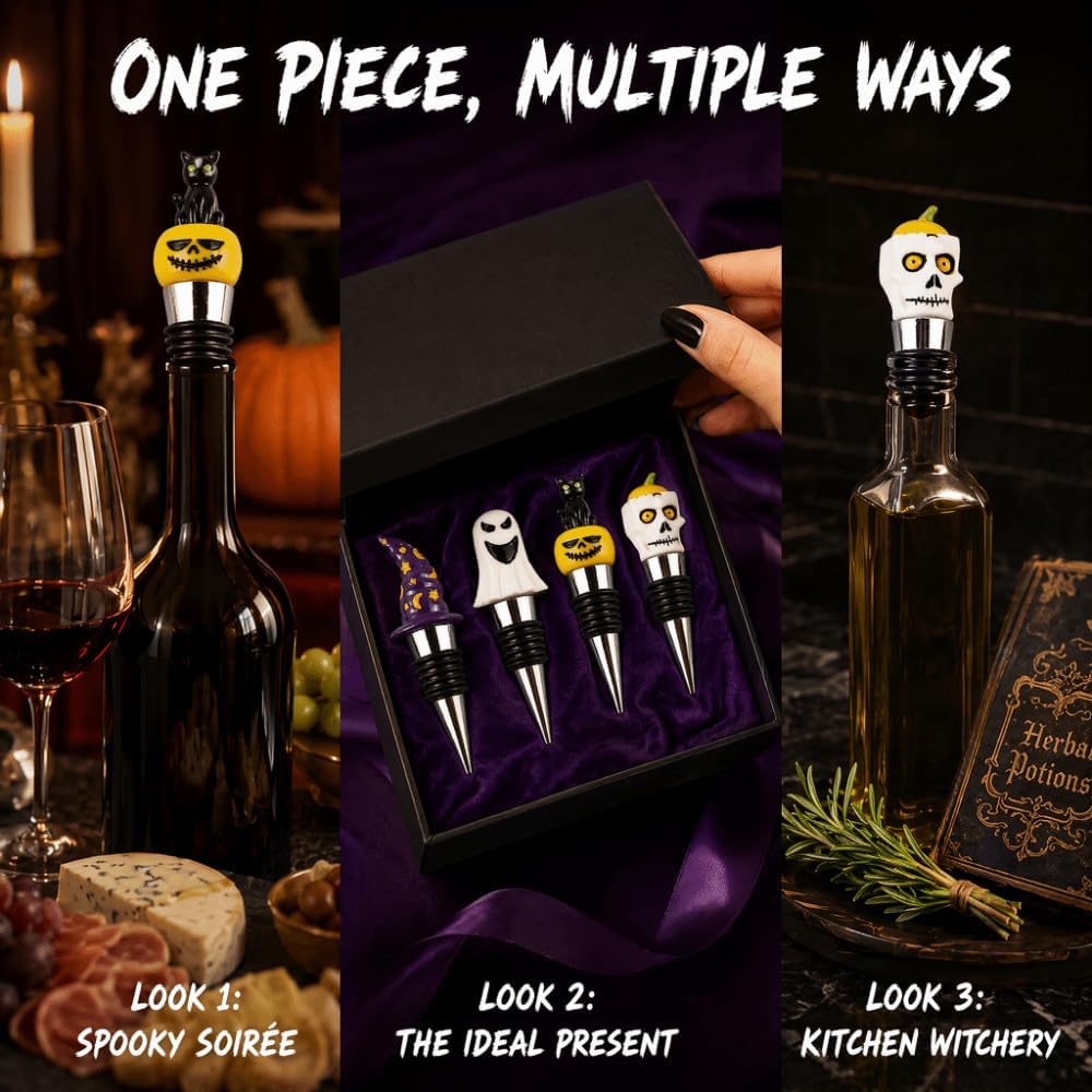 4PCS Halloween Wine Bottle Stoppers, Skull Black Cat Pumpkin Decorative Wine Caps, Multicolor, 3.94 x 1.18 in