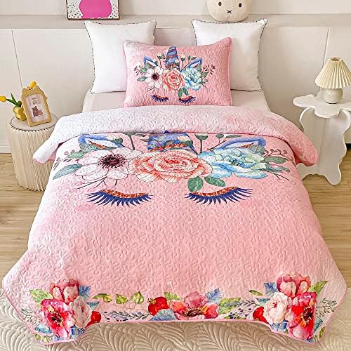 Pink Unicorn Quilt Set for Girls Twin Size 2-Piece Kids Comforter Bedding Set Stars Flowers Reversible Quilted Bedspread Coverlet Lightweight Bed Sheet Set Cover Throw Blanket with Pillow Case