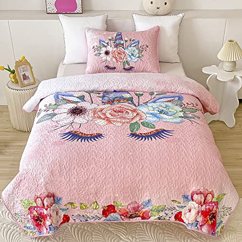 Pink Unicorn Quilt Set For Girls Twin Size 2-Piece Kids Comforter Bedding Set Stars Flowers Reversible Quilted Bedspread Coverlet Lightweight Bed Sheet Set Cover Throw Blanket With Pillow Case #TOP6