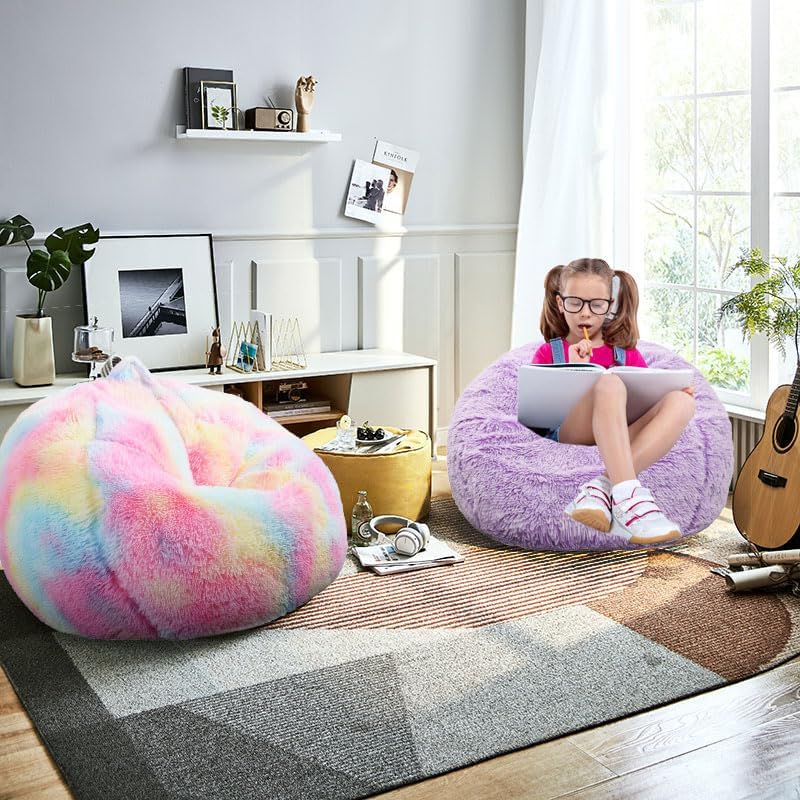 fluffy bean bag chair for kids, 2.5ft round memory foam filled bean bag for teens & kids, ultra soft faux fur fabric bean bag chairs for playroom, living room, bedroom, lavender small purple