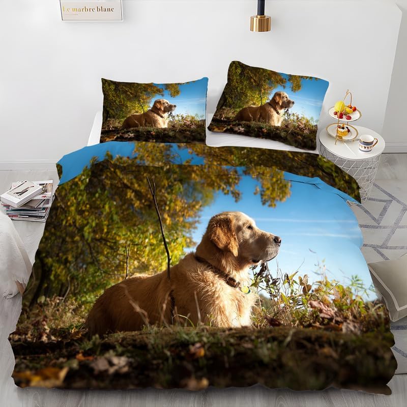 Light Blue Golden Retriever Duvet Cover Full Dog Print Bedding Sets Full Soft Microfiber Comforter Cover and 2 Pillow Shams 20"X26", Bed Set Duvet
