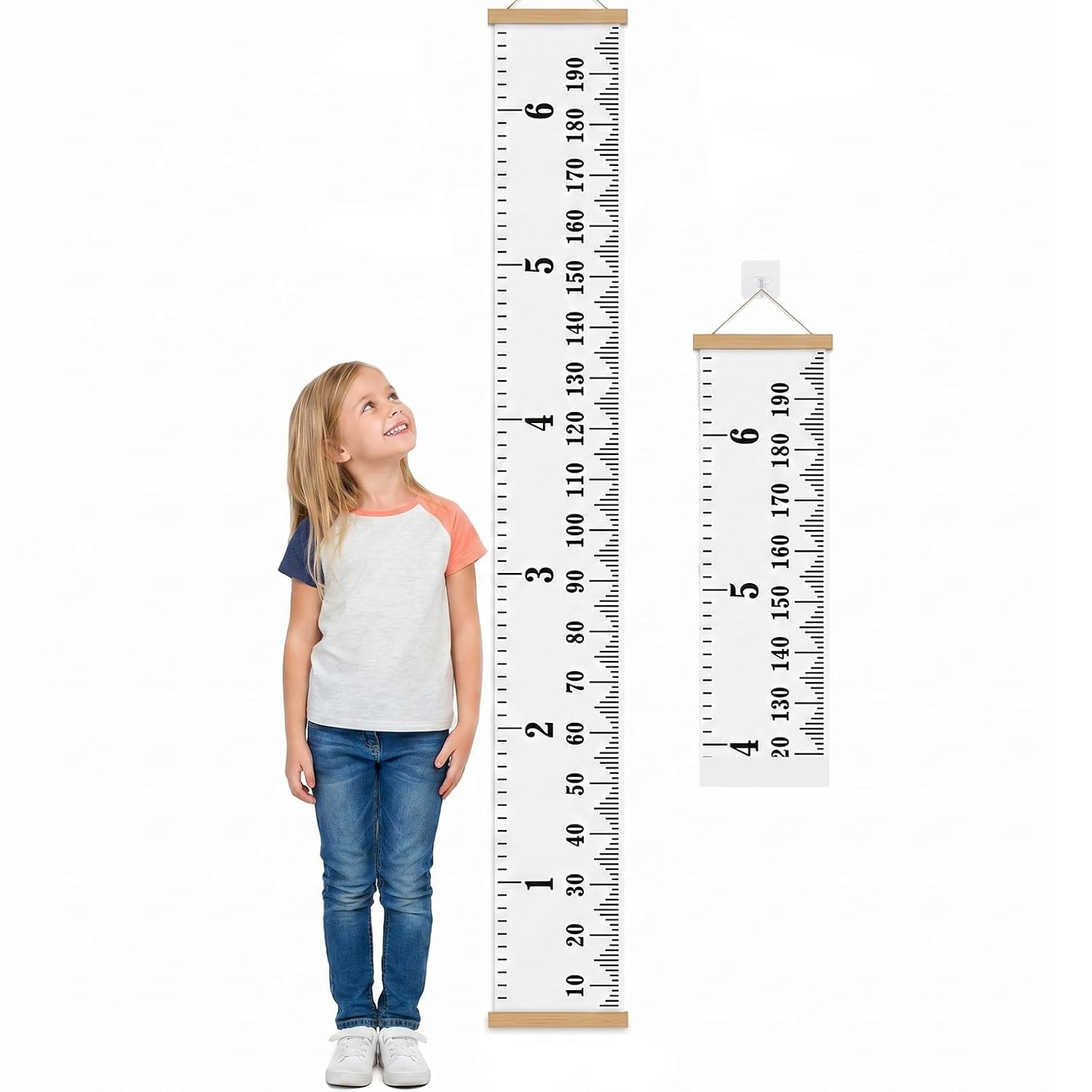 7.87x78.74 Inch Kids Growth Chart, Removable Canvas and Wood Wall Ruler for Accurate Child Height Measurement and Nursery Bedroom Playroom Decor