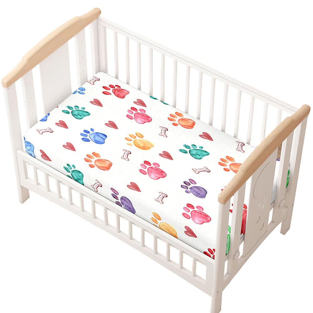 Odot Cot Bed Sheets, Animal footprints Print Bedside Cribs Fitted Sheets, Baby Bed Sheets Microfiber Cot Bed Mattress Protector, Bassinet Sheets, Easy Care Soft and Dureable (multicolor,65x95 cm)