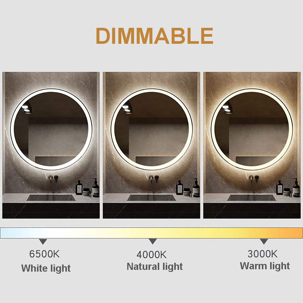 Specchio da Bagno Rotondo Illuminato con Luce LED e sensore tattile antiappannante + Specchio da Barba per Trucco dimmerabile, Montato a Parete