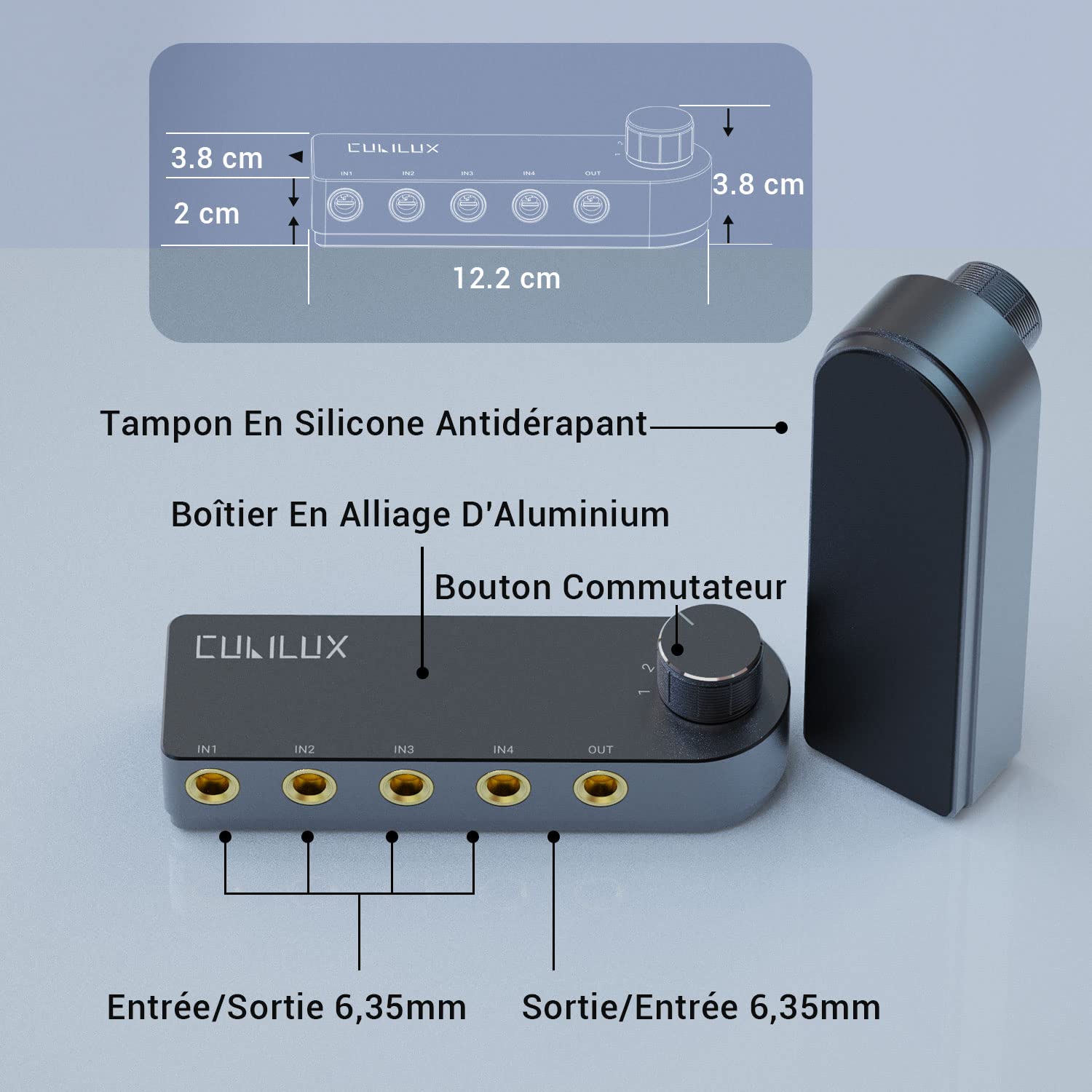Cubilux Sélecteur Audio Bidirectionnel 4 Canaux 6,35mm, Boîtier de Commutation Stéréo 1x TRS vers 4X TRS 1/4” pour Casque, Enceintes, Subwoofer, Système Audio, Mixer, Amplificateur