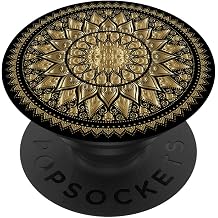 PopSockets Festive Sun Mandala Golden & Black Pattern PopSockets PopGrip Extendable Base and Grip for Mobile Phones / Tablets with Interchangeable Top