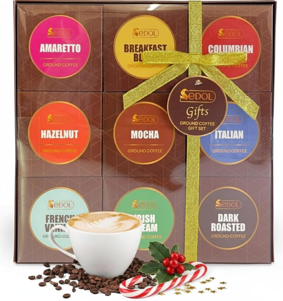 Ground Coffee Gift Set Christmas Hamper – 9 Flavour Gourmet Selection Box for Coffee Lovers with Colombian Amaretto Hazelnut Vanilla Mocha Irish Cream Dark Roast – Festive Gift for Men Women Friends