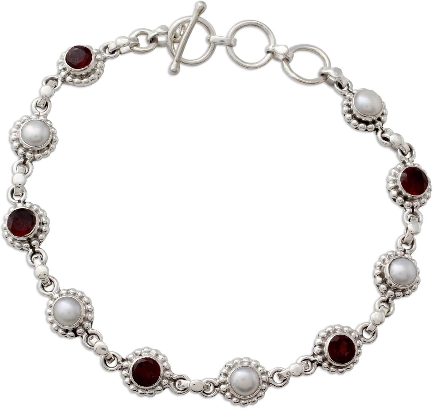 NOVICA Artisan Handmade Cultured Pearl Garnet Link Bracelet Sterling Silver with Pearls White India Floral Birthstone [7.75 in min L x 8.75 in max L x 0.3 in W] ' Petite Flowers'