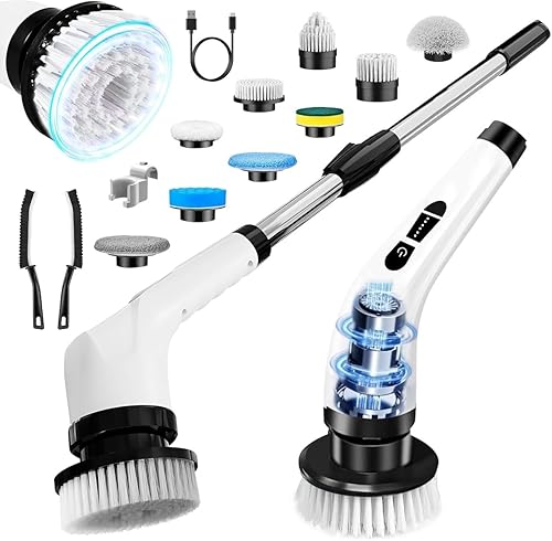 Limpiador eléctrico giratorio - Cepillo de limpieza eléctrico inalámbrico 13 en 1, 9 cabezales de cepillo reemplazables, 2 velocidades, 3 asas de