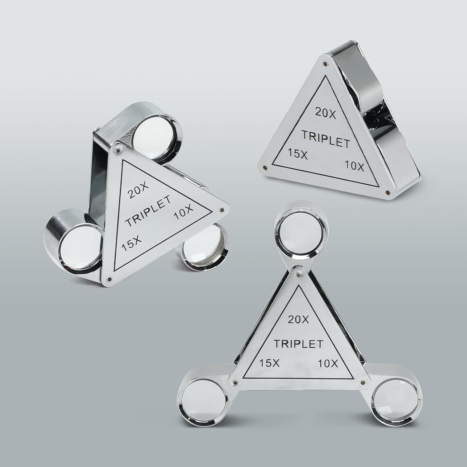 3-in-1 Jewelry Loupe Magnifier 10X 15X 20X Triplet Achromatic Lenses | 18mm Pocket Triangular Gemstone Magnifying Glass, Chrome Plated Copper Alloy Body, Distortion-Free Mini Microscope