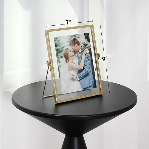 Miniatura 3 de Juego de 3 marcos de fotos flotantes, marco de fotos dorado de 5 x 7 pulgadas, marco de fotos de metal para escritorio con vidrio para múltiples