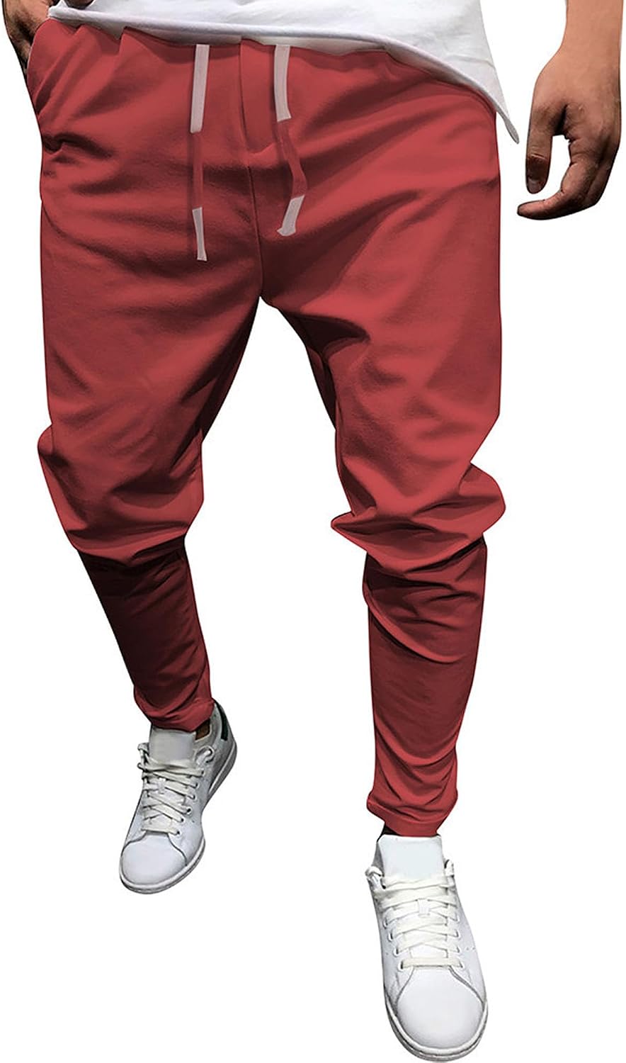 Men's Casual Slim Fit Tapered Pants Drawstring Cotton Joggers Pants Solid Lightweight Athletic Outdoor Trousers
