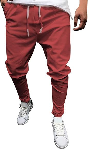 Mens Casual Slim Fit Tapered Pants Drawstring Cotton Joggers Pants Solid Lightweight Athletic Outdoor Trousers