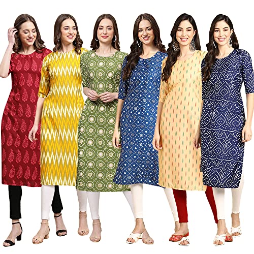 Image of Pinkmint Women's Crepe Digital Print Straight Kurta Pack of 6 [CR-336-370-344-343-328-366]