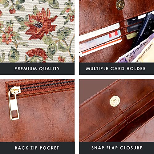 Image of THE CLOWNFISH Sharon Collection Tapestry Fabric & Faux Leather Snap Flap Closure Womens Wallet Clutch Ladies Purse with Multiple Card Holders (Off White-Floral)