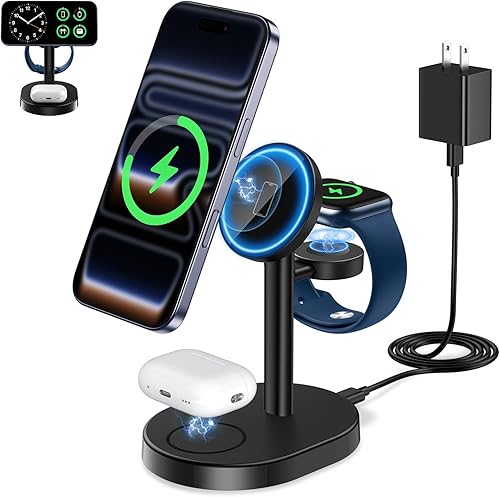 2025 Estación de Carga Inalámbrica 3 en 1 para Cargador Apple MagSafe, Soporte de Cargador Magnético Rápido Mag-Safe de 15W para iPhone 17 16 15 14