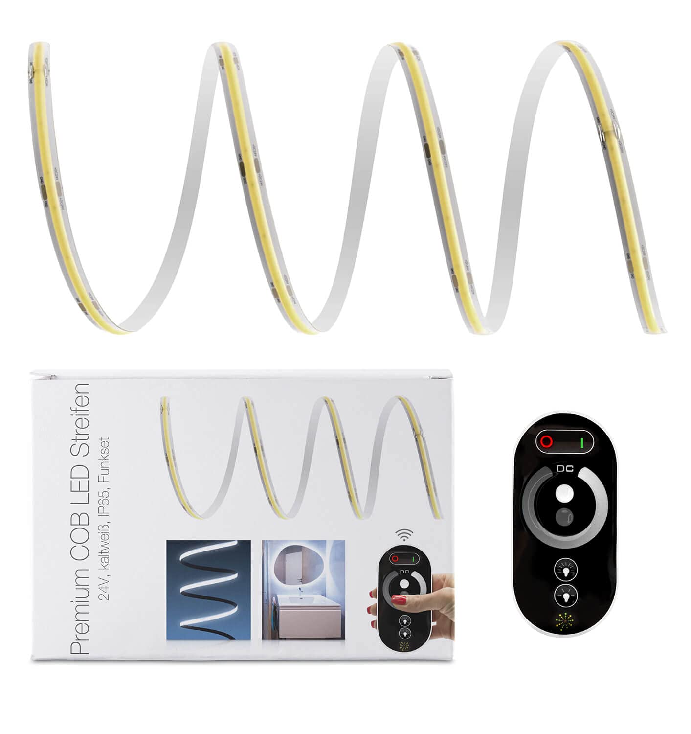 LED Universum Juego de tiras LED COB de color blanco frío, con mando a distancia, controlador y fuente de alimentación, filamento prémium, 24 V, IP65, luz blanca fría (3 metros)