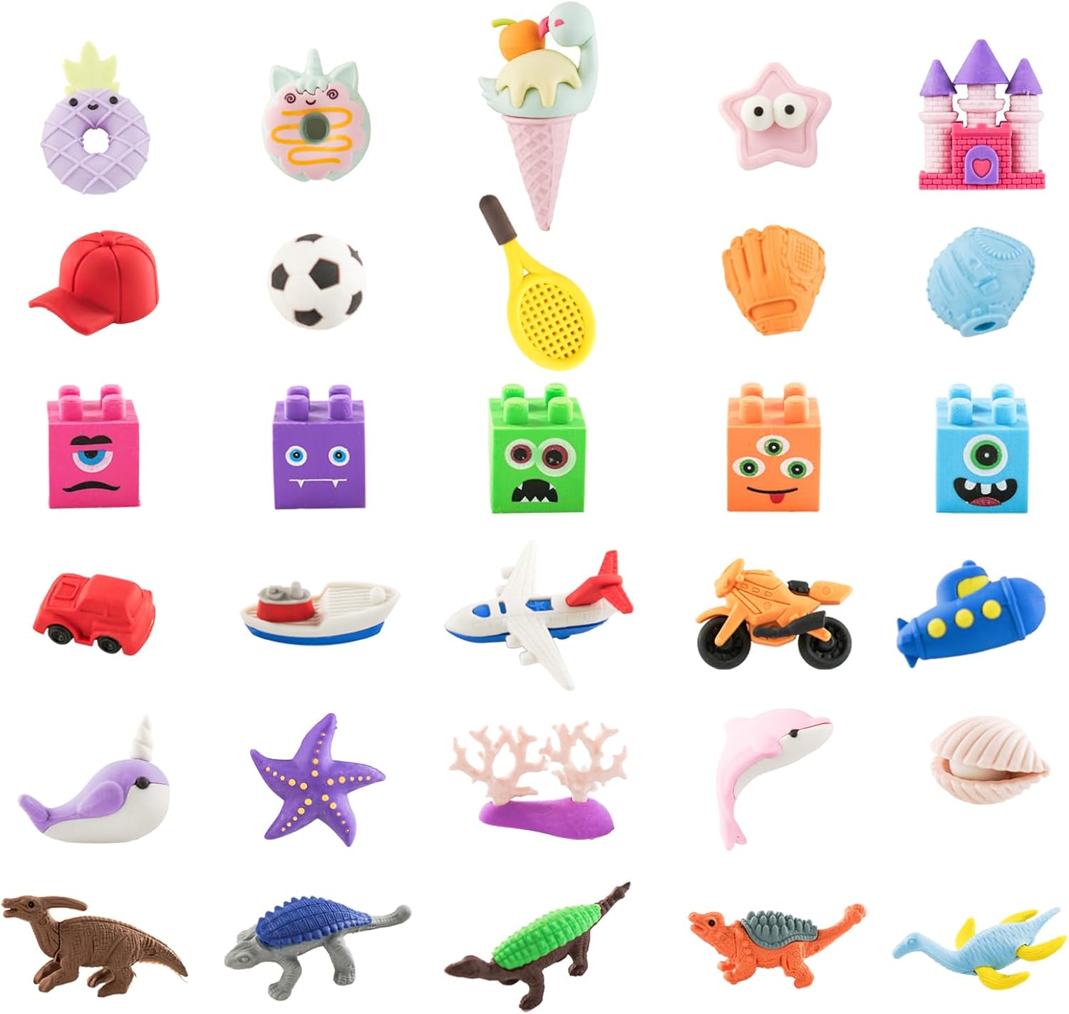 30pcs 3D Cute Kids Erasers, Random Desktop Pet Toys Gifts, Classroom Rewards Kids Party Gifts, Various Styles Such as Animals, Food, Plants, Space, Princess, Sports, Halloween, Christmas