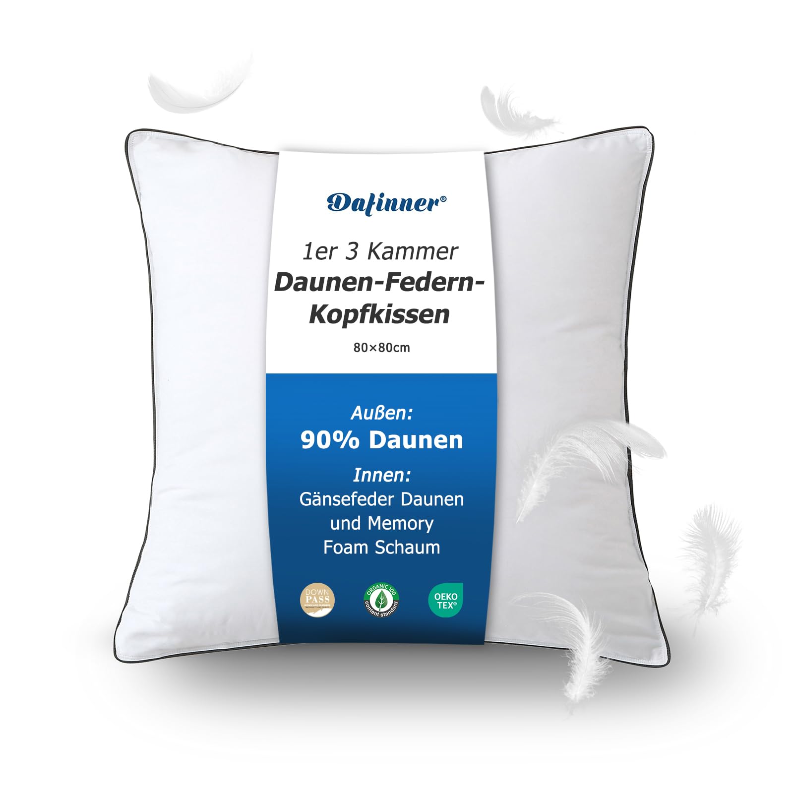 Dafinner 1er 3-Kammer-Daunenkissen 80×80 cm┃ 90% Daunen Außenkammer | Feder-Mischung Innenkammer ┃Oeko-TEX ┃Downpass ┃ Mittlere Unterstützung│Bio-Baumwoll