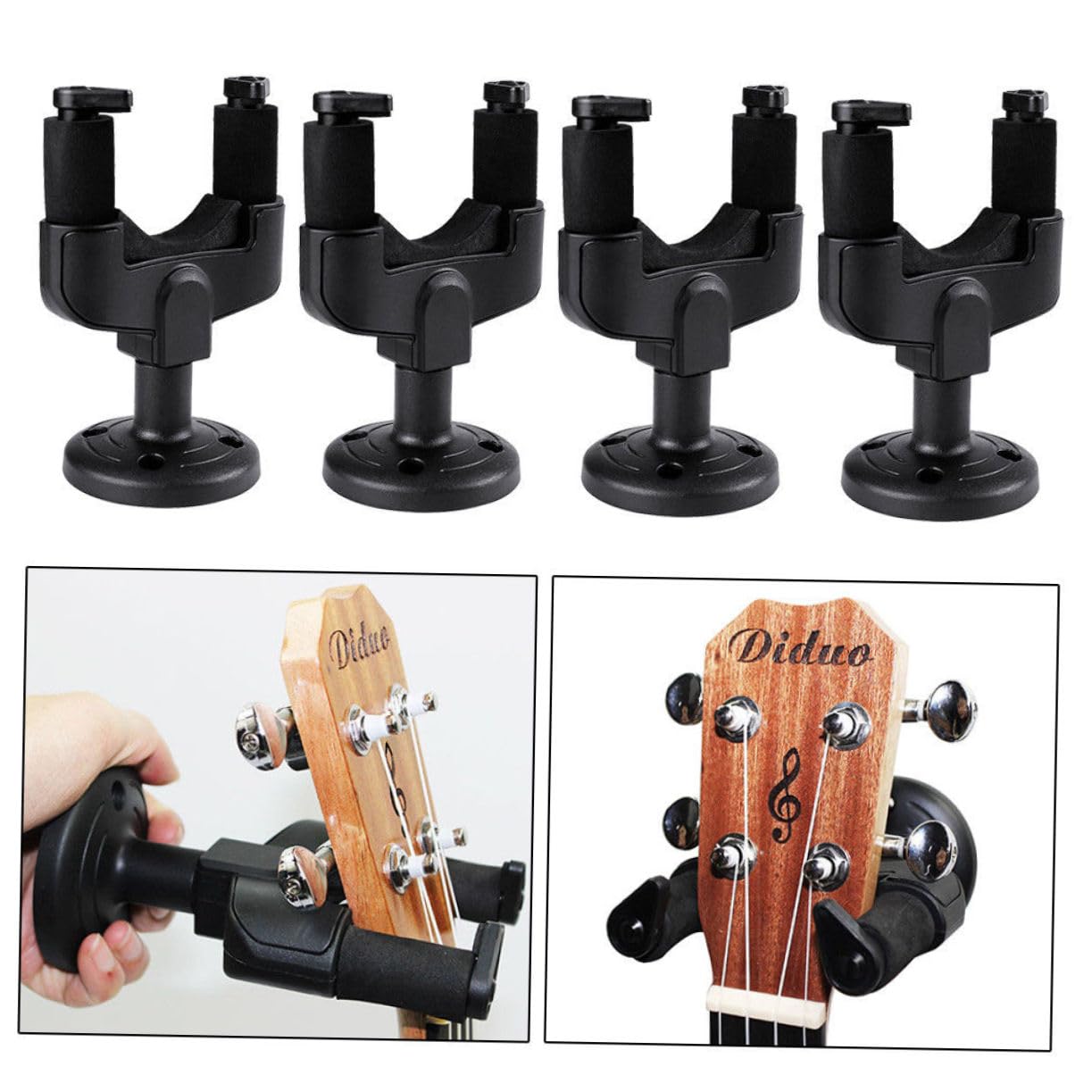 Gancio Chitarra da Muro Nero Abs 4 Pezzi con Base Auto-bloccante | Compatibile con Chitarra e Basso, Montaggio Semplice, Supporto Staccabile con Impugnatura Automatica