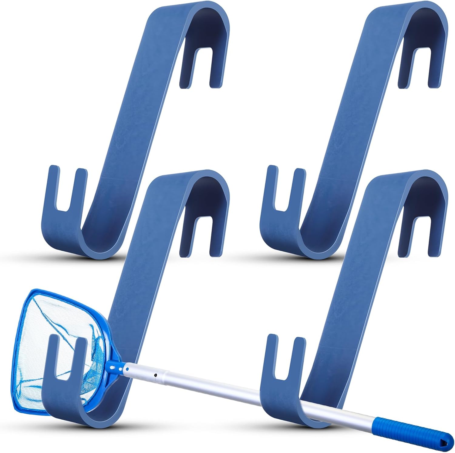 DoubleFill 4 PCS Poolside Pool Leaf Skimmer Net Holder Pole Hangers Above Ground Pool Accessories Landing Net Holder for Brush, Skimmer, Hose and Other Equipment(Blue)