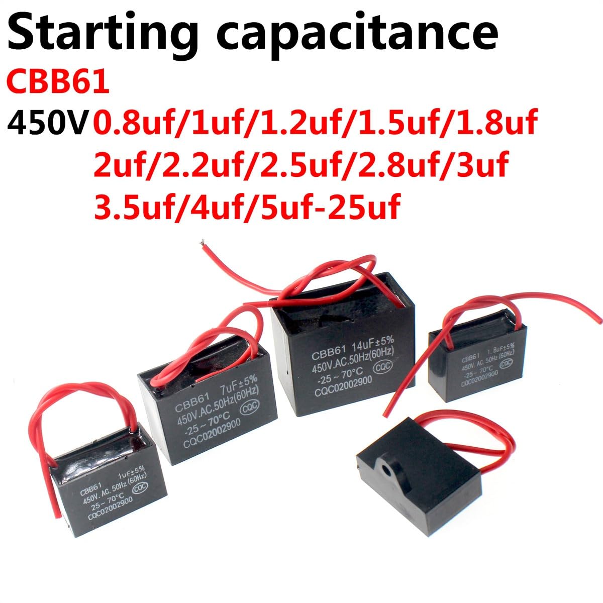 Condensateur de démarrage de ventilateur CBB61 450V, 5 pièces, 1uF 1.2uF 1.5uF 2.0uF 2.5uF 3.0uF 3.5uF 4.0uF 4.5uF 5.0uF 6.0uF 7.0uF 8.0uF 10uF 16uF 20uF(14UF)