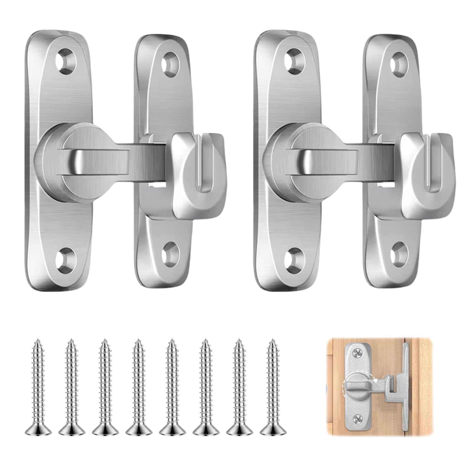 Heuiop Silver 2 Packs Barn Door Latch, 90/180 Degree Sliding Door Lock, Anti-Rust Hasp Latch For Barn Cabinets Garden Bathroom Outdoor Garage Window ‎(Silver)